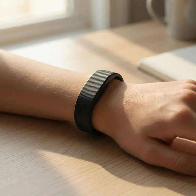 The band worn on a wrist, arm resting on a desk in daylight.