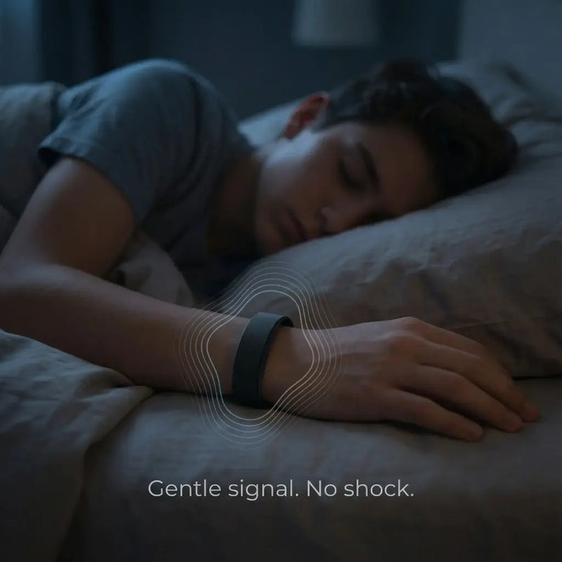 A teen asleep with the band on his wrist, faint vibration rings around it. Caption on the image reads gentle signal, no shock.