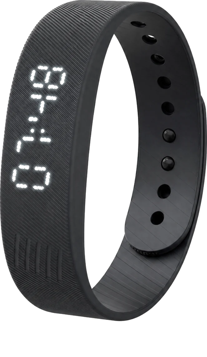 DawnBands silent vibrating wrist alarm, black ribbed silicone band showing 7:40